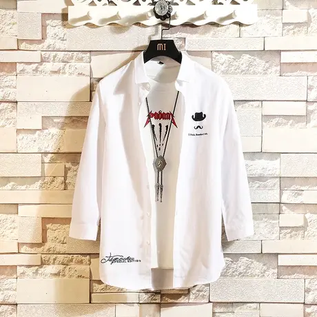 2023夏季七分袖衬衫男短袖修身韩版潮流中袖寸衫7分衣服帅气衬衣商品大图