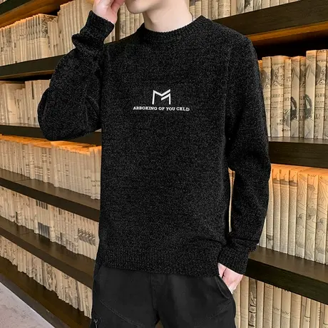 水貂绒打底毛衣男秋冬款潮牌潮流毛衫圆领线衣服简约个性厚针织衫商品大图