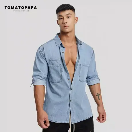 TOMATOPAPA牛仔长袖衫简约排扣开衫春秋外套百搭棉质潮流男子上衣商品大图
