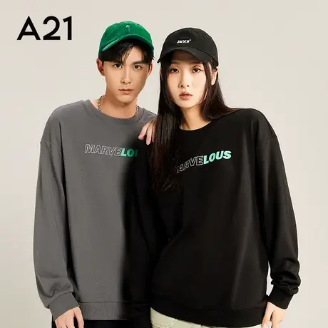 A21男装宽松圆领长袖卫衣秋季情侣装潮牌男士上衣3M反光男款秋装图片