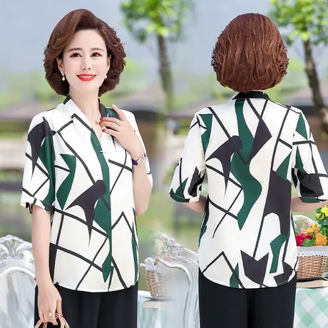 妈妈夏装短袖仿真丝小衫新款40岁中年遮肚上衣中老年中袖薄打底衫图片