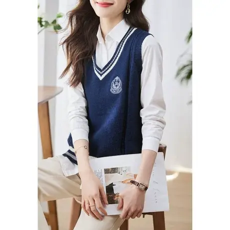 时尚气质学院风针织马甲2023年春季新款女士简约休闲通勤V领坎肩商品大图