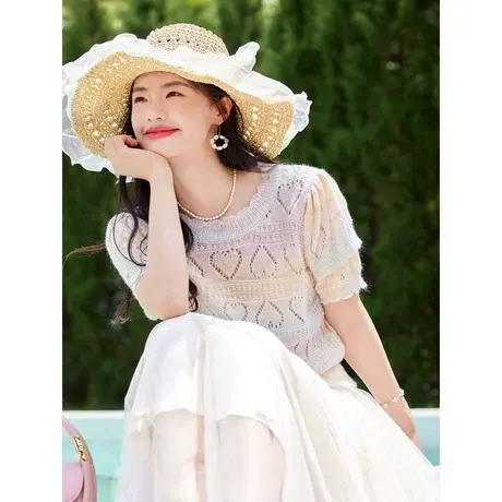 时尚气质短袖针织衫2023年夏季新款淑女温柔圆领宽松显瘦通勤上衣商品大图