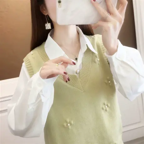 甜美小清新V领针织马甲女春秋2023新款外搭宽松显瘦无袖坎肩背心商品大图