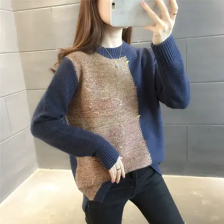 圆领拼色套头毛衣女秋冬季新款女装韩版2023年民族风针织上衣外套图片