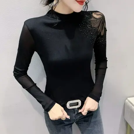 网纱拼接半高领打底衫女春装性感镂空气质T恤长袖修身百搭上衣ins商品大图