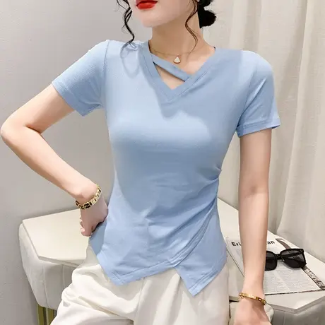 欧货不规则女装时尚性感V领T恤短袖修身百搭上衣设计感开叉丅恤夏商品大图