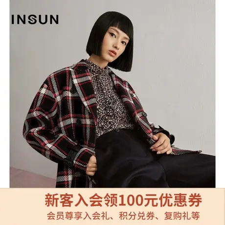 恩裳冬季时尚格纹西装领双排扣宽松中长款毛呢外套女图片