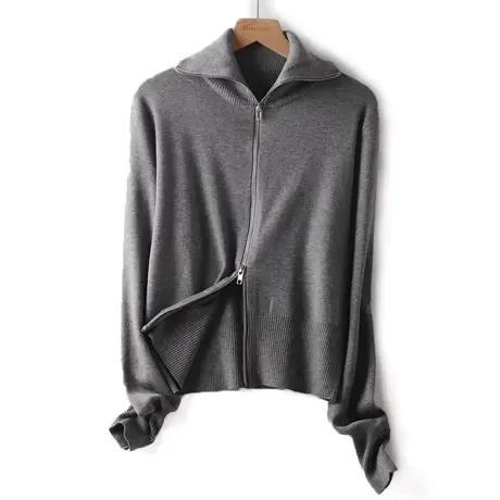 时尚设计感法式大翻领休闲双拉链外套女超细羊毛长袖开衫气质时髦商品大图