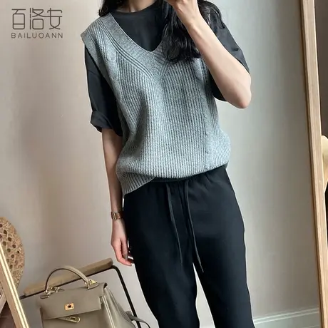 百洛安V领针织衫女秋季新款外穿显瘦套头毛衫无袖马甲背心上衣女图片
