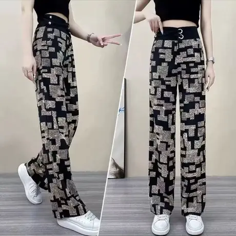 高腰阔腿裤夏女薄款2023印花雪纺垂感长裤宽松直筒拖地休闲大腿裤图片