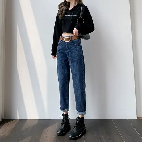 哈伦牛仔裤女秋冬2023年新款高腰直筒宽松九分深蓝色萝卜老爹裤子商品大图