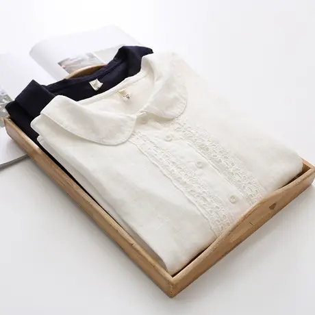 日系文艺小清新娃娃领蕾丝钩双层棉纱衬衣宽松花边袖显瘦衬衫女秋图片