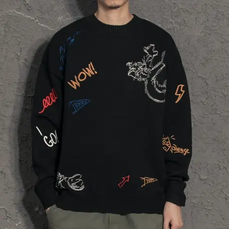 奕飏刺绣涂鸦厚重针织上衣男外套国潮宽松针织衫春秋韩版潮流毛衣商品大图