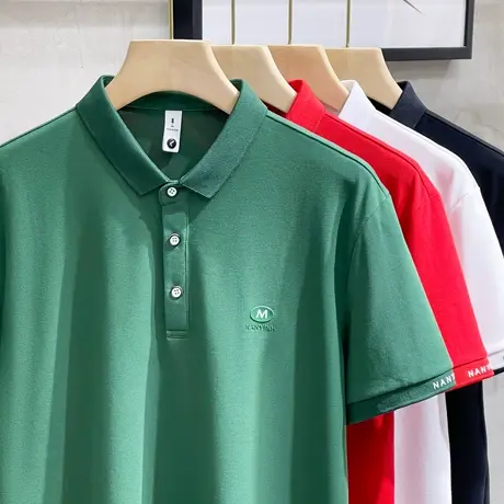 夏季2023新款男士短袖Polo衫高端翻领冰丝T恤红色半袖体恤男装潮商品大图