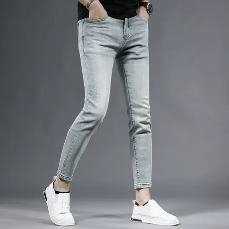 高端九分牛仔裤男蓝色新款2023夏季修身小脚潮牌弹力男士薄款裤子商品大图