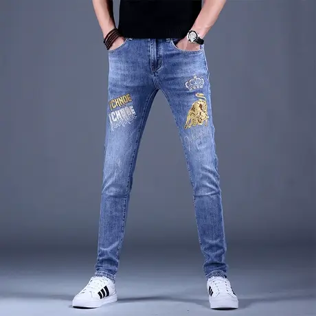 2023年新款男士高端刺绣花牛仔裤男夏季男款蓝色休闲裤子修身小脚商品大图