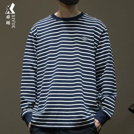 280g重磅精梳棉长袖T恤男条纹圆领卫衣秋冬宽松大码内搭打底衫潮商品大图