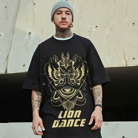 醒狮短袖男胖子T恤潮牌男装大码中国风烫金印花国潮半袖潮流夏季商品大图