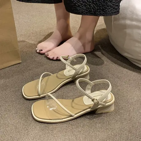 2023新款网红爆款时装凉鞋女夏季仙女风一字带粗跟时尚百搭配裙子图片