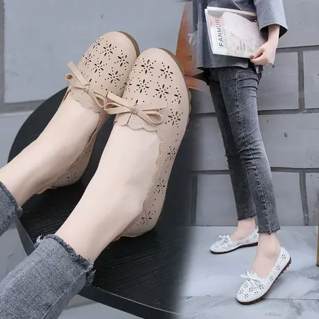 网红单鞋女2023夏款韩版时尚镂空透气洞洞鞋百搭平底浅口豆豆鞋潮图片