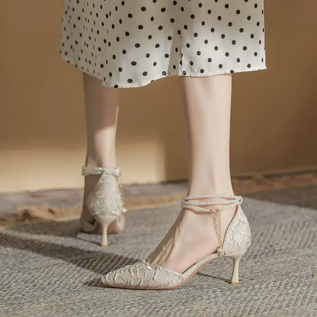 一字扣带珍珠高跟鞋女细跟2023年夏季新款仙女风百搭性感尖头单鞋商品大图