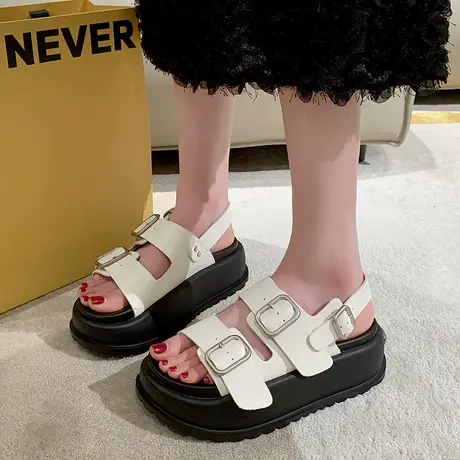 凉鞋女2023夏季新款一字扣露趾百搭厚底松糕鞋时尚海边沙滩罗马鞋图片