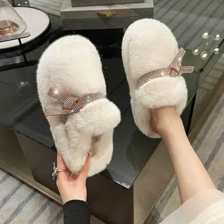 毛毛拖鞋女外穿2023年新款冬季厚底居家包头棉拖水钻增高毛拖鞋冬商品大图