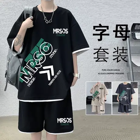 套装男夏季薄款休闲短袖T恤运动短裤宽松睡衣家居服装美式ins潮牌商品大图