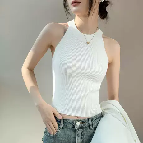 白色冰丝吊带背心女夏季修身显瘦百搭外穿上衣挂脖短款无袖打底衫商品大图
