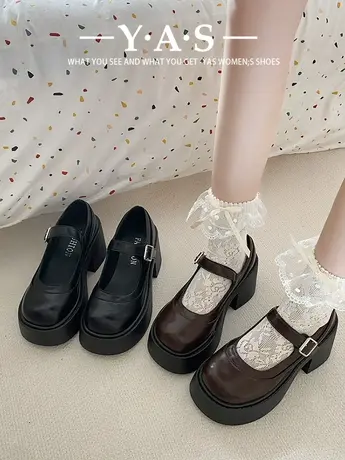 棕色复古法式增高厚底小皮鞋女2024新款春季粗跟玛丽珍浅口单鞋子图片