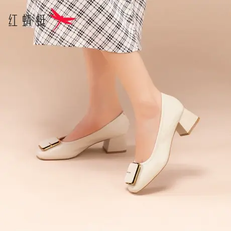 红蜻蜓粗跟单鞋女秋冬2023新款女鞋气质百搭方扣鞋子中跟浅口皮鞋图片
