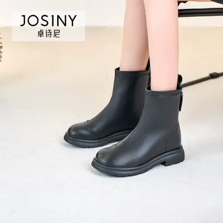卓诗尼2023冬季新款女鞋经典短筒粗跟设计圆头短靴小个子瘦瘦靴图片