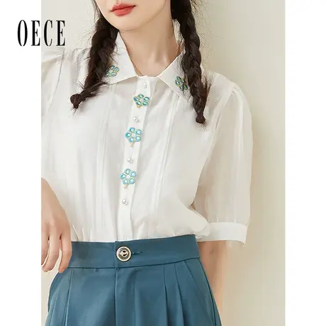 Oece气质白衬衫2022夏季新款女装设计感小众上衣女士短袖气质衬衣图片