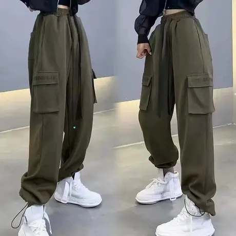 2023秋季新款洋气刺绣字母口袋松紧腰工装裤女欧洲站百搭减龄长裤图片