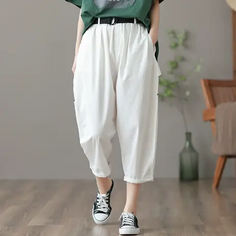 dza 高腰显瘦薄款七分裤子女士夏季新款宽松阔腿裤复古休闲直筒裤商品大图