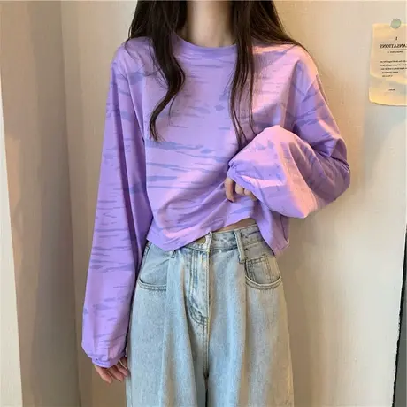 2023年早春秋新款夏季甜辣妹短款宽松小众别致条纹长袖t恤女上衣商品大图