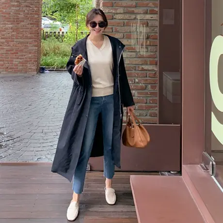 秋装新款女士风衣女中长款韩版宽松大码过膝连帽休闲大衣学生外套图片