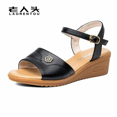 老人头女鞋夏季新款妈妈凉鞋真皮一字带外穿皮凉席女坡跟沙滩鞋女商品大图