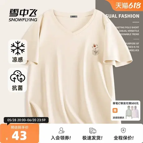 雪中飞冰丝短袖女v领t恤夏季2025新款大码半袖体恤胖mm显瘦上衣PC图片