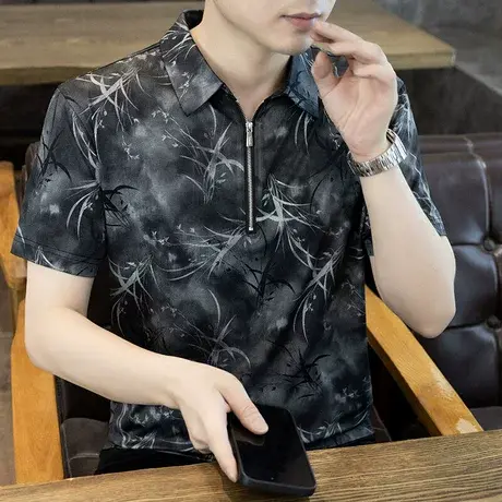 半拉链男士t恤短袖2025新款夏季潮牌男装半袖高端凉感冰丝Polo衫商品大图