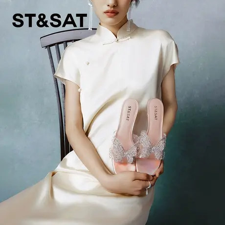 星期六蝴蝶结透明高跟鞋女2024夏新猫跟时装凉半拖外穿SSC2110304图片