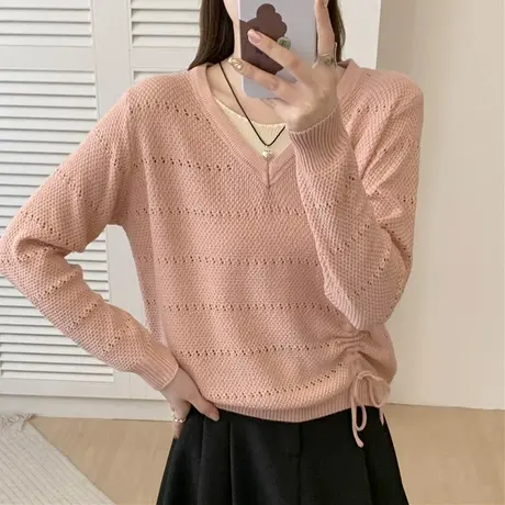 早秋v领假两件薄款针织衫女2024秋季新款设计感小众高级感上衣女商品大图