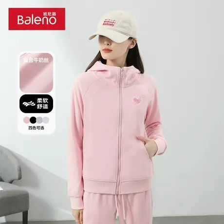 班尼路粉色卫衣外套连帽上衣女款2024新款秋季修身休闲设计感衣服图片