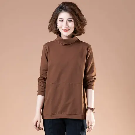 T恤女长袖冬季加肥加大码女装宽松高领体恤加绒加厚保暖打底衫女商品大图