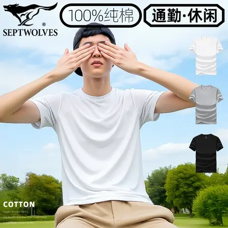 七匹狼品牌纯色小白T100%棉男春夏打底T恤衫半袖外穿纯棉运动汗衫商品大图