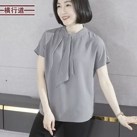 简约纯色飘带圆领连肩袖宽松雪纺衫女装大码外穿上衣2023夏季新款图片