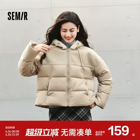 森马棉服女拼接宽松棉衣复古时尚2024冬季新款毛绒连帽面包服潮流商品大图