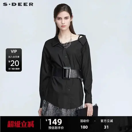 【sdeer奥莱】圣迪奥女装不规则翻领宽松长袖黑色衬衫S21180524商品大图