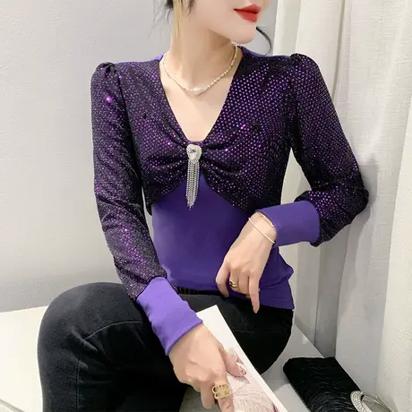 欧货复古钉珠烫钻T恤女长袖性感褶皱V领上衣洋气修身透气打底衫秋图片